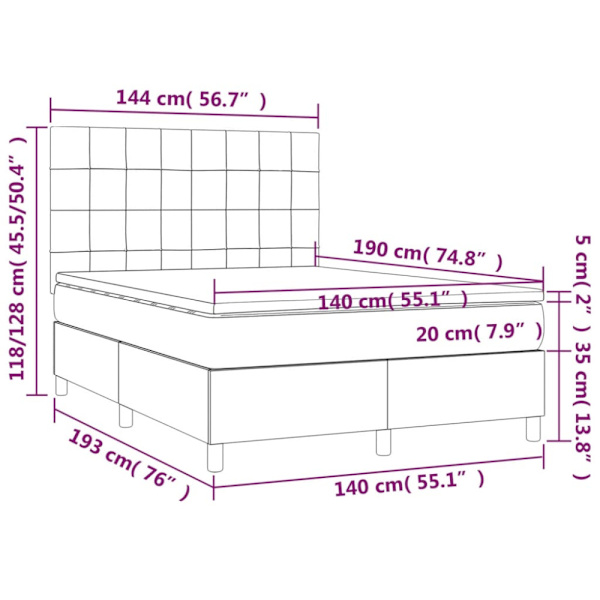Ramsäng med madrass & LED ljusgrå 140x190 cm sammet