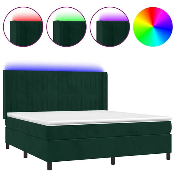 Ramsäng med madrass & LED mörkgrön 160x200 cm sammet