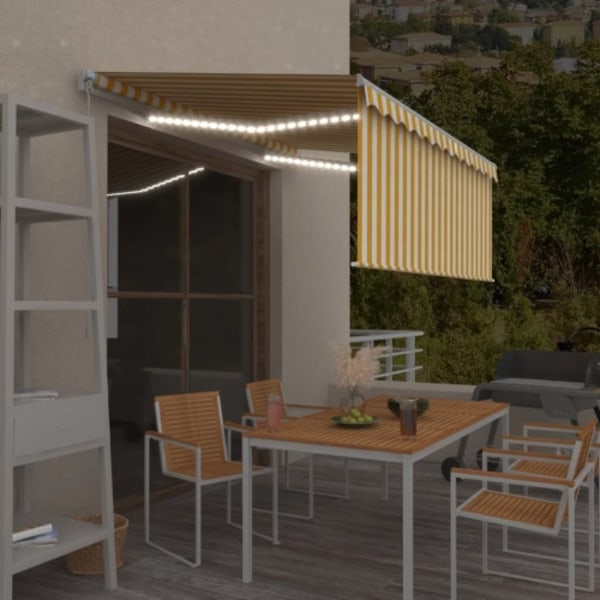 Manuell infällbar markis med rullgardin&LED 3x2,5m gul och vit