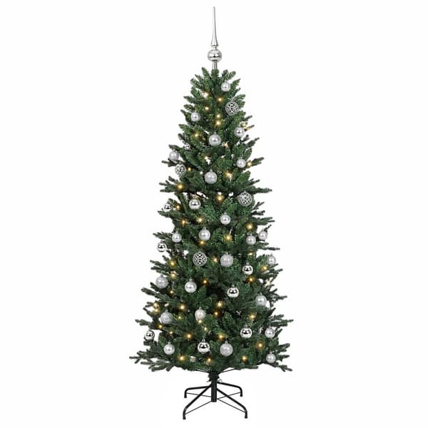 Konstgjord julgran med julkulor 150 cm 150 LED-lampor Varmvit