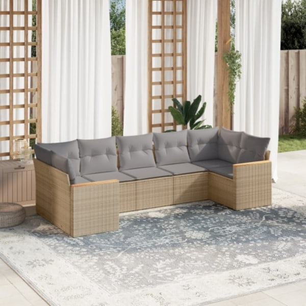 Matgrupp för trädgården med dynor 7 delar beige konstrotting