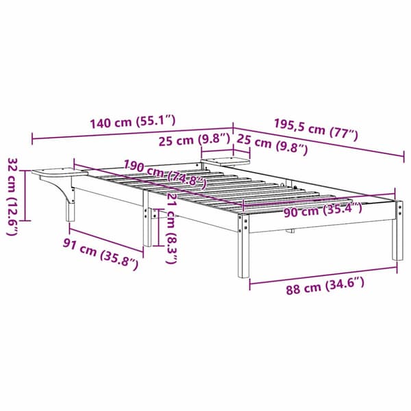 Sängram Vit 90 x 190 cm Massiv furu