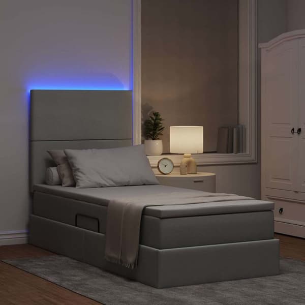 Förvaringssäng med LED med led Ljusgrå 90 x 190 cm Polyester