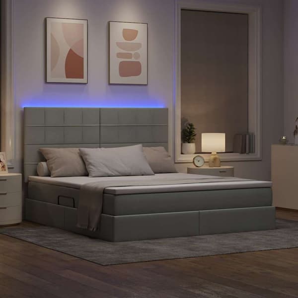 Förvaringssäng med LED med led Ljusgrå 160 x 200 cm Polyester