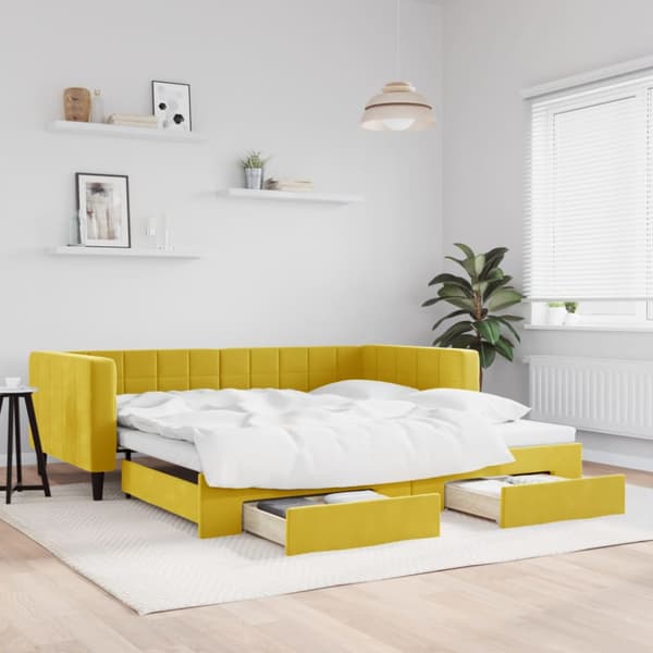 Dagbädd utdragbar med lådor gul 100x200 cm sammet