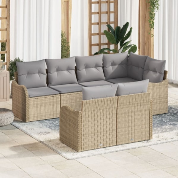 7-delars Trädgårdsoff Set med Kuddar Beige Poly Rattan