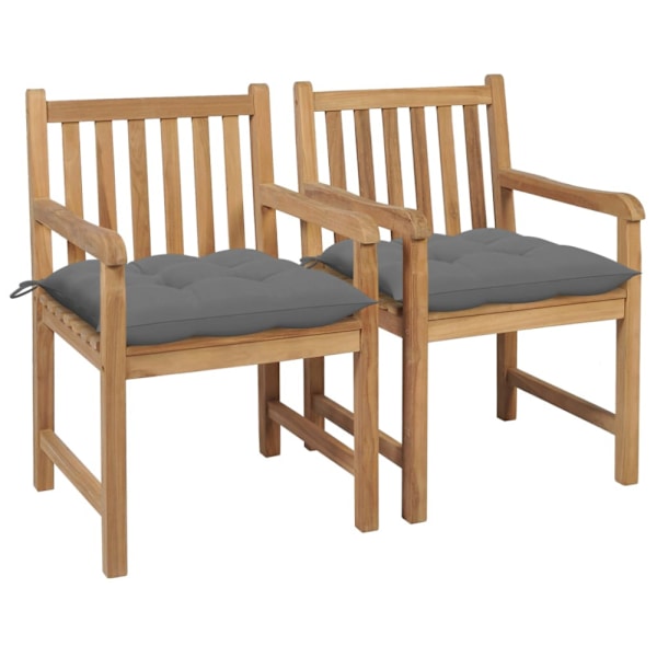 Trädgårdsstolar 2 st med gråa dynor massiv teak