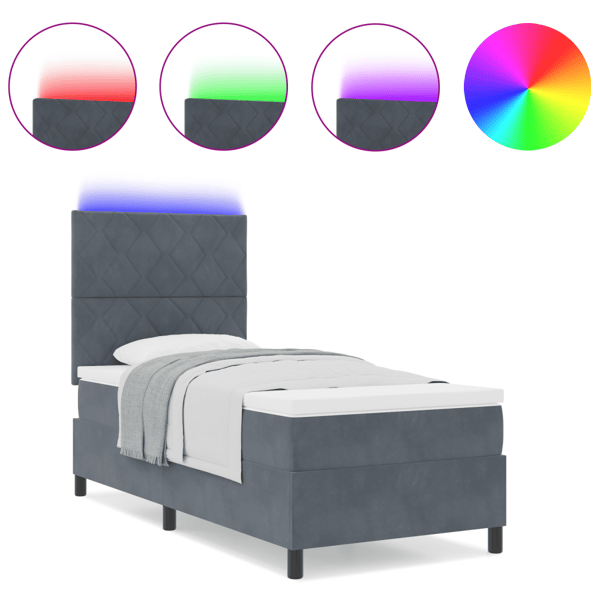 LED Box Säng med huvudgavel Mörkgrå 90 x 190 cm Sammet