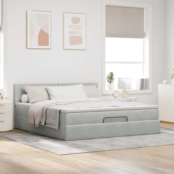 Ottoman sängram med madrass ljusgrå 160x200 cm sammet