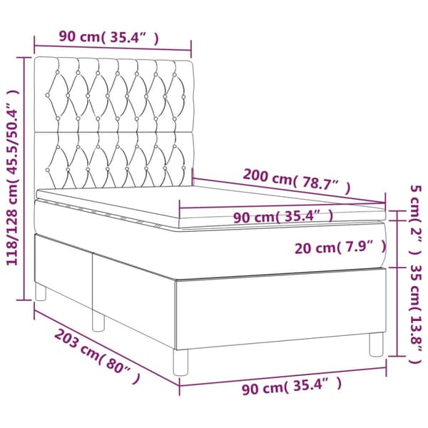 Ramsäng med madrass & LED mörkgrå 90x200 cm tyg