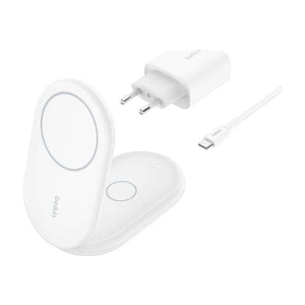 Belkin BoostCharge 2-in-1 trådlöst laddställ - magnetisk, hopfällbar, med Qi2 - + växelströmsadapter - 15 Watt