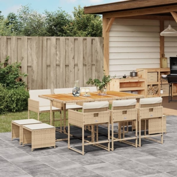 Matgrupp för trädgården med dynor 11 delar beige konstrotting