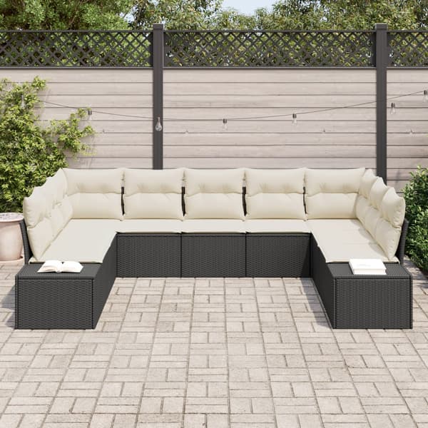 Trädgårdsoffset med kudde 9 pcs Svart och kräm Polyrattan