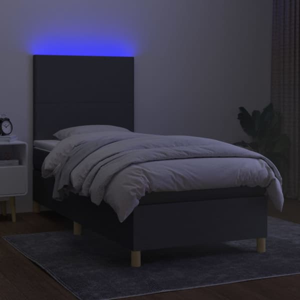 Ramsäng med madrass & LED mörkgrå 90x190 cm tyg