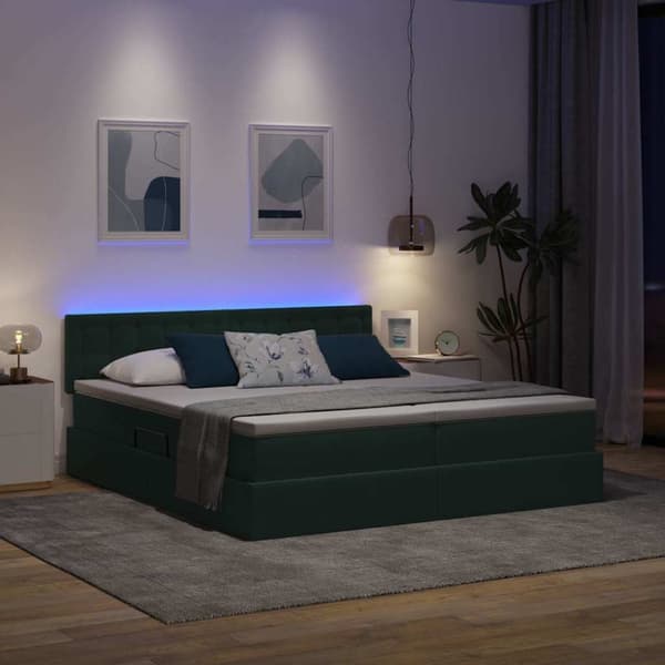 LED förvaringssäng med madrass Mörkgrön 200 x 200 cm Sammet