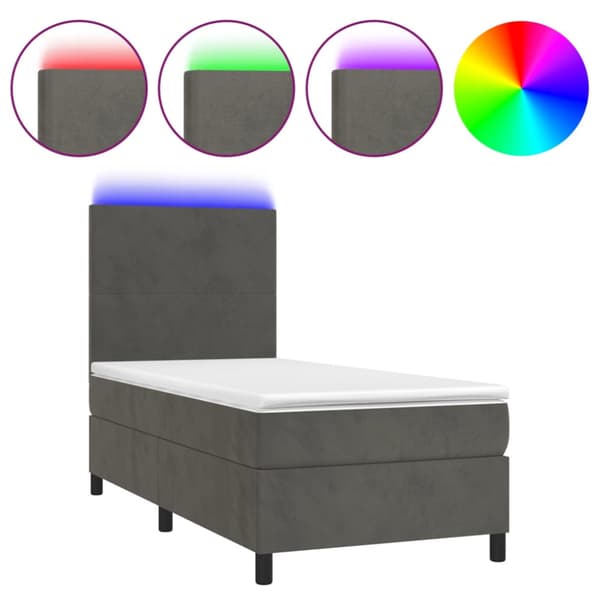 Ramsäng med madrass & LED mörkgrå 90x190 cm sammet