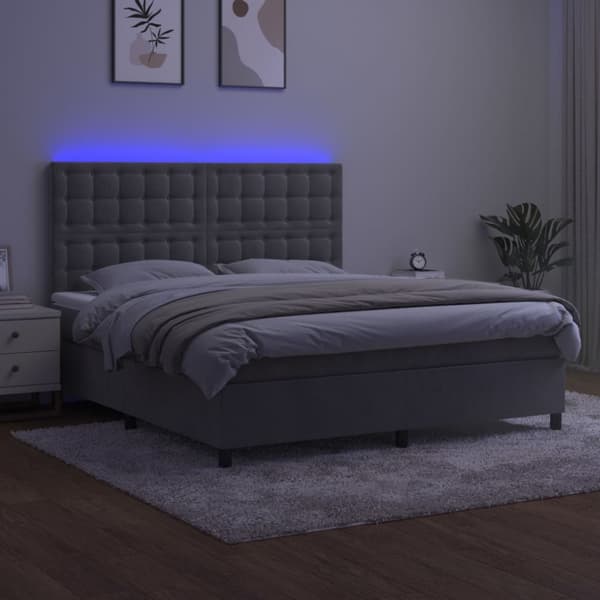 Ramsäng med madrass & LED ljusgrå 160x200 cm sammet