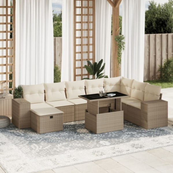 Soffgrupp för trädgården med dynor 9 delar beige konstrotting