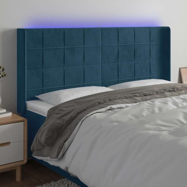 Sänggavel LED mörkblå 203x16x118/128 cm sammet