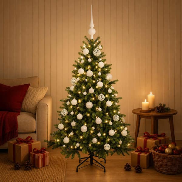 Konstgjord julgran med julkulor 150 cm 150 LED-lampor Varmvit