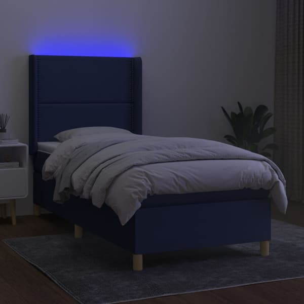 Ramsäng med madrass & LED blå 90x200 cm tyg