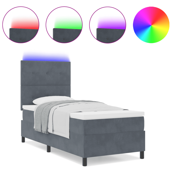 LED Box Säng med madrass Mörkgrå 90 x 200 cm Sammet