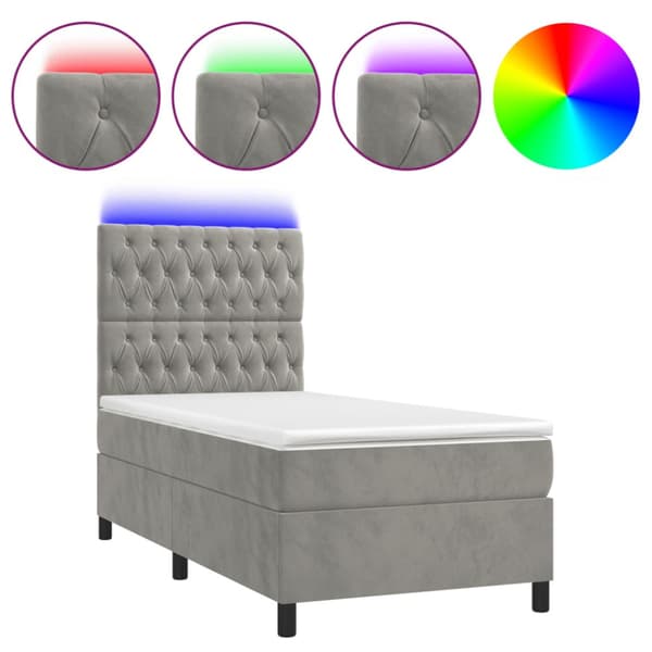 Ramsäng med madrass & LED ljusgrå 90x190 cm sammet