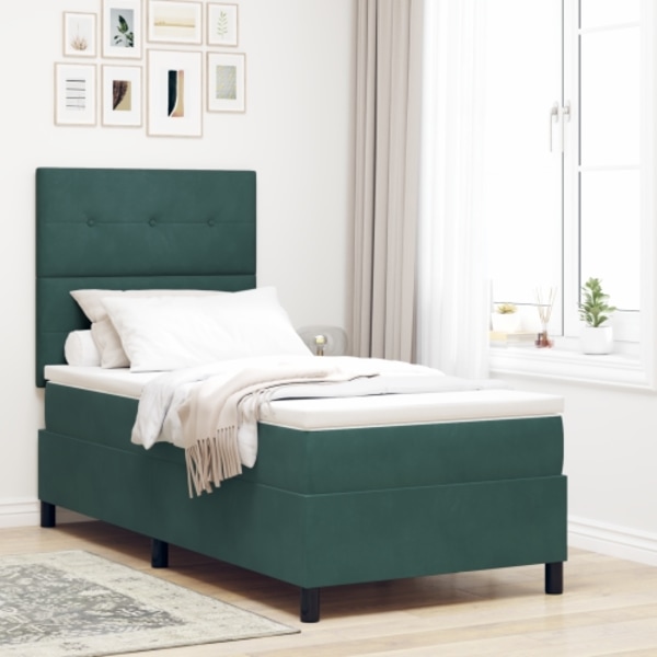 Sängbotten med madrass och LED Mörkgrön 90x190 cm Sammet