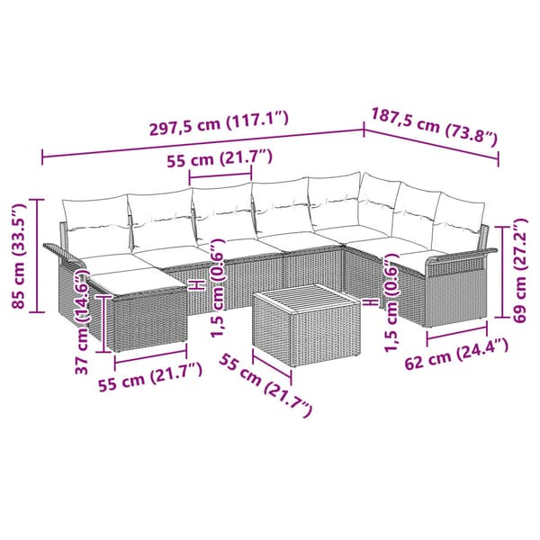 Trädgårdsoffset med kudde 9 pcs Svart konstrotting
