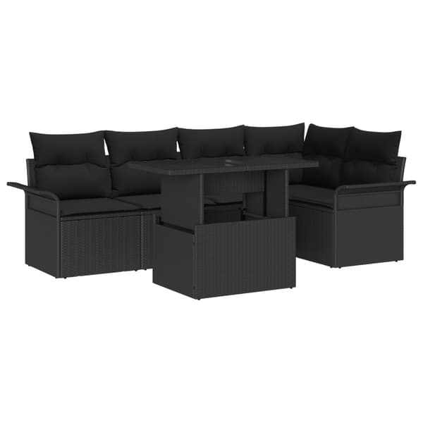 Trädgårdsoffset med kudde med lagring 6 pcs Svart Poly Rattan