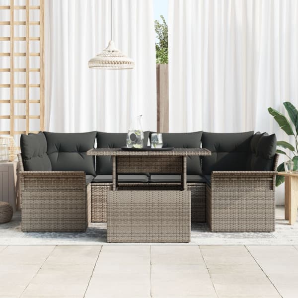 Trädgårdsoffset med kudde 7 pcs Grå Poly rattan