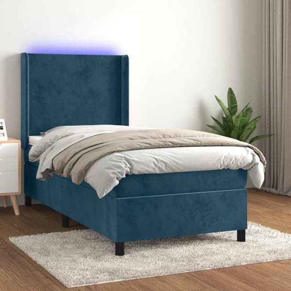 Ramsäng med madrass & LED mörkblå 100x200 cm sammet