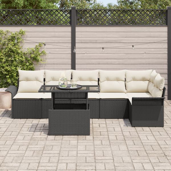 Trädgårdsoffset med kudde 7 pcs Svart Poly rattan