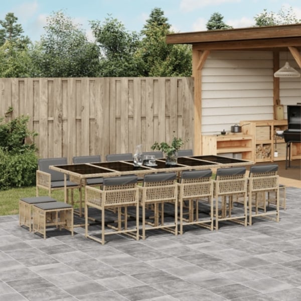 Matgrupp för trädgården m. dynor 15 delar mixbeige konstrotting