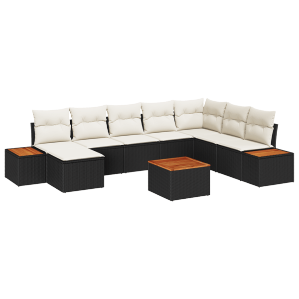 Trädgårdsoffset med kudde 9 pcs Svart och kräm Polyrattan