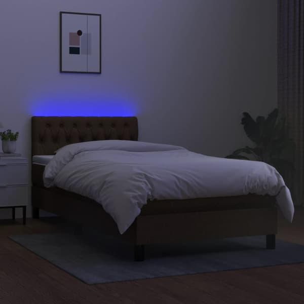 Ramsäng med madrass & LED mörkbrun 100x200 cm tyg