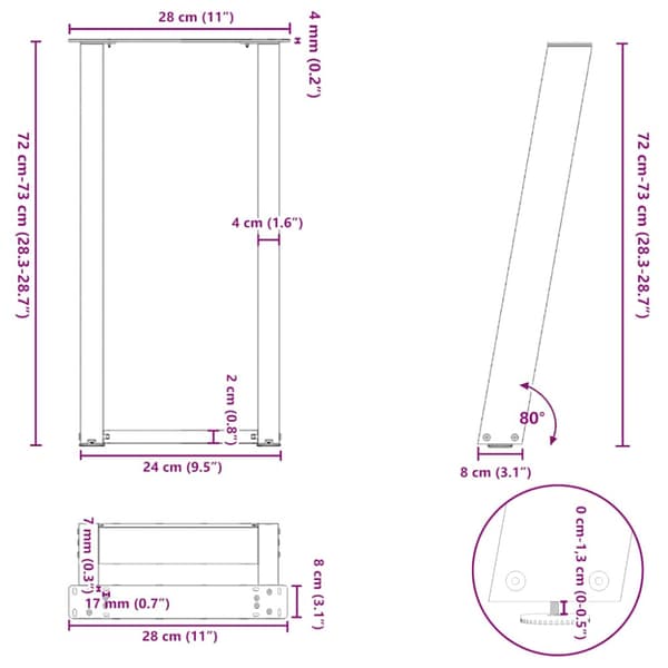 Konsolbordsben U-formade 2 st antracit 28x(72-73) cm stål