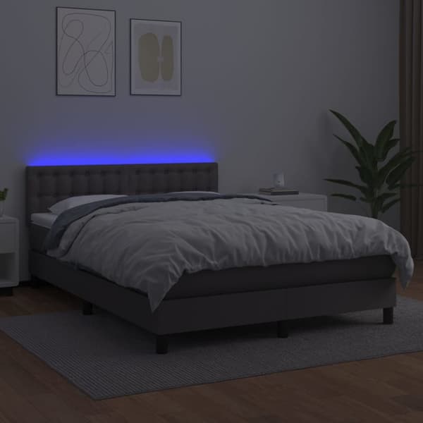 Ramsäng med madrass & LED grå 140x190 cm konstläder