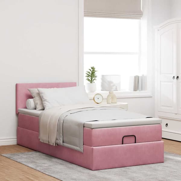 Ottoman sängram med madrass rosa 100x200 cm sammet