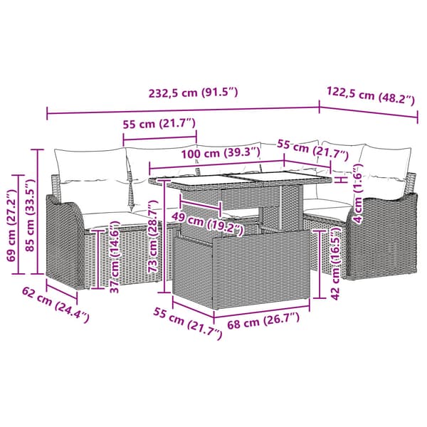 Matgrupp med kudde 6 pcs Ljusgrå Poly rattan