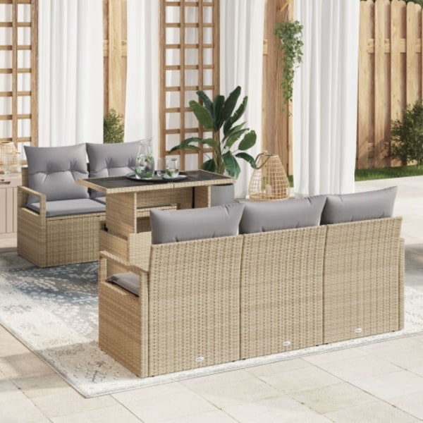 6-delad Trädgårdsoffset med Kuddar Beige Poly Rattan