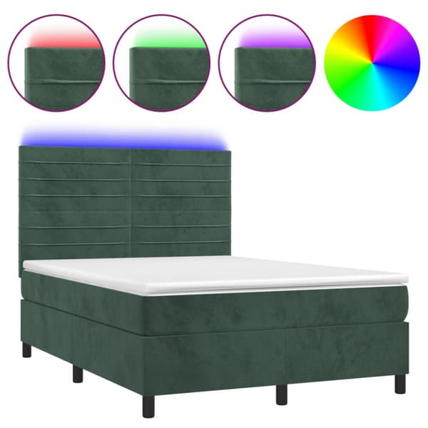 Ramsäng med madrass & LED mörkgrön 140x190 cm sammet