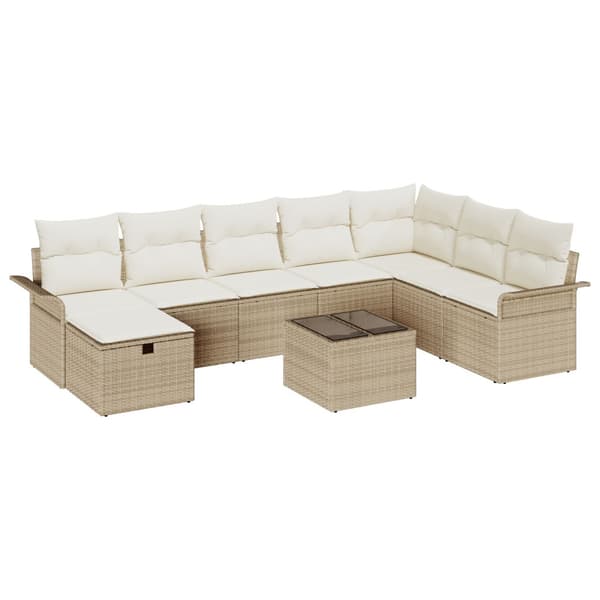 Trädgårdsoffset med kudde med lagring 9 pcs Beige Poly rattan