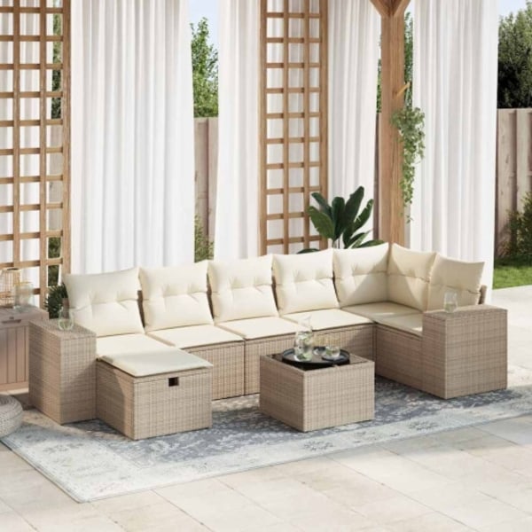 Matgrupp för trädgården med dynor 8 delar beige konstrotting