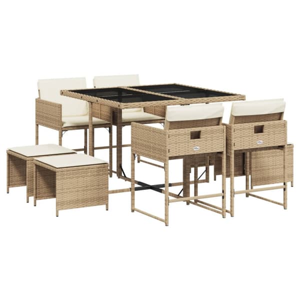 Matgrupp för trädgården med dynor 9 delar beige konstrotting