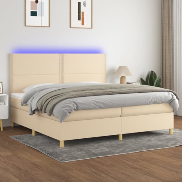 Ramsäng med madrass & LED gräddvit 200x200 cm tyg