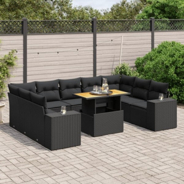 Loungegrupp 10 delar med svarta dynor konstrotting