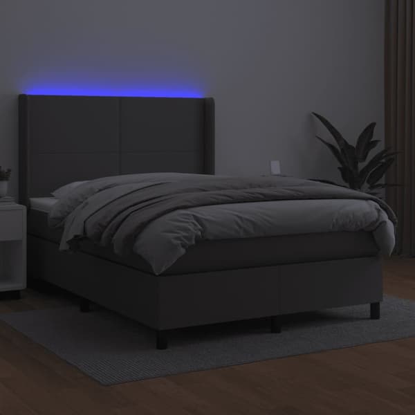 Ramsäng med madrass & LED grå 140x200 cm konstläder