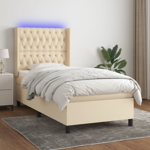 Ramsäng med madrass & LED gräddvit 90x200 cm tyg