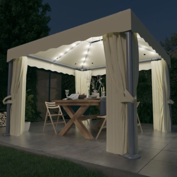 Paviljong med draperi och ljusslinga LED 3x3 m gräddvit